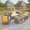 4pcs Outdoor Seating Arrangement, Durable Grey Rattan Garden Furniture Collection, Wicker Sofa with Chairs And Coffee Table, High-Back Rattan Loveseat with Comfortable Cushions for Patio, Available in 3 Fabric Color Choices