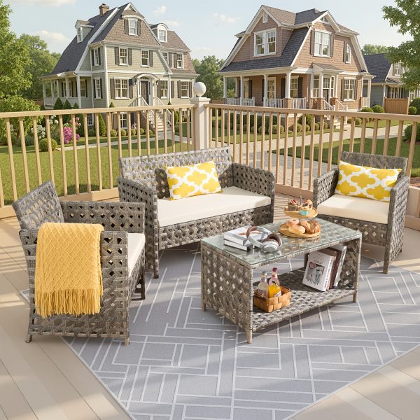 4pcs Outdoor Seating Arrangement, Durable Grey Rattan Garden Furniture Collection, Wicker Sofa with Chairs And Coffee Table, High-Back Rattan Loveseat with Comfortable Cushions for Patio, Available in 3 Fabric Color Choices