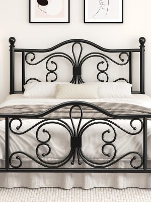 Bed Frame with Under-Bed Storage, Metal Platform Bed with Vintage Butterfly Pattern Headboard and Footboard, Twin/Full/Queen Size, No Box Spring Needed, Easy to Assemble, Noise-Free, Black/White