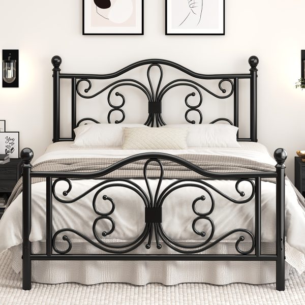 Bed Frame with Under-Bed Storage, Metal Platform Bed with Vintage Butterfly Pattern Headboard and Footboard, Twin/Full/Queen Size, No Box Spring Needed, Easy to Assemble, Noise-Free, Black/White