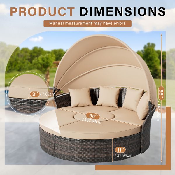 [Round Daybed With Canopy] Outdoor Patio Round Daybed With Retractable Canopy, Clamshell Sectional Seating Wicker Furniture With Washable Cushions For Backyard, Lawn, Poolside, Garden, And Outdoor Living Spaces, Brown