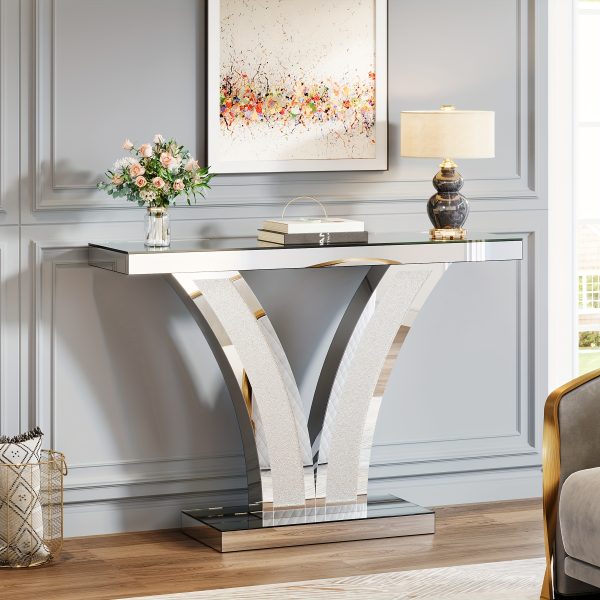 product-fancy-aefd3a77-8ec9-46d5-80bf-2482f6b9d146 Mirrored Console Table, Modern Sliver Entryway Sofa Table With Crystal Inlay Frames For Living Room, Hallway, Foyer