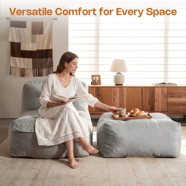 39" Patio Bean Bag Chair with Movable Ottoman, Comfy Chaise Lounge with Foot Rest, High-Density Foam Accent Reading Chair, Modern Single Sofa Couch for Garden, Deck, Balcony, Outdoor Polyester Fabric Beige Leisure Chair for Small Space Relaxing
