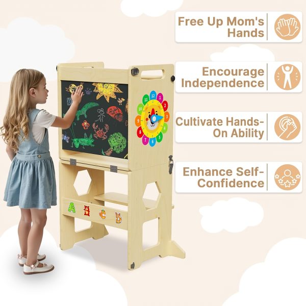 4-in-1 Toddler Standing Tower with Learning Clock & Blackboard - Foldable Multi-Functional Step Stool, Wood Climbing Ladder & for & (Toddler Learning, Motor Skills Development)