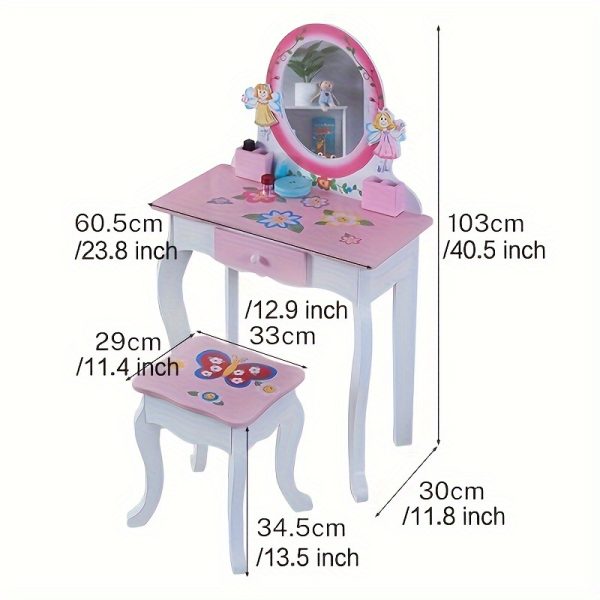 product-fancy-afa9642d-e983-4e26-b636-7a84eeaea6b3 Kids Vanity Set - Princess Deluxe Vanity Table Set 2-in-1 Wooden Writing Desk & Stool, Mirror & Drawer, Perfect for Kids' Pretend Play, Developing Creativity And Fine Motor Skills, Durable Construction, Easy to Assemble, Best for Girls Christmas Gift