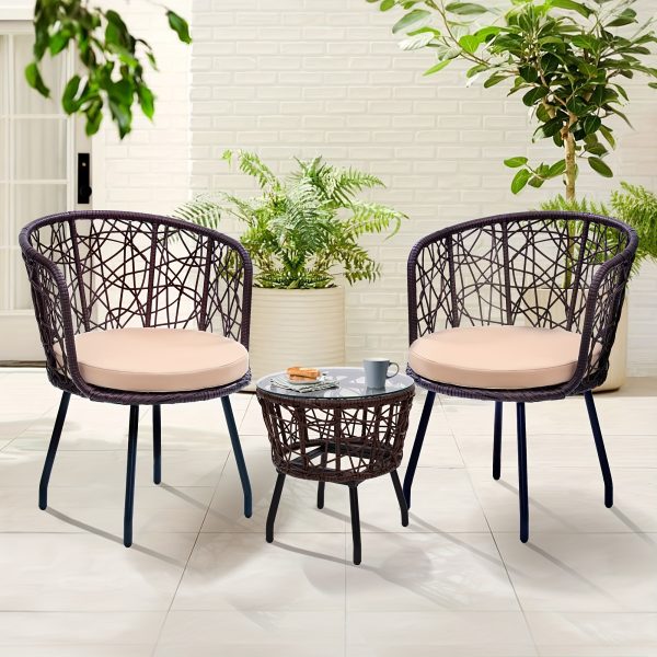3pcs Bistro Set, Modern Furniture with Tempered Glass Table Top, 2 Chairs, Outdoor Wicker Patio Set, Washable Cushions,