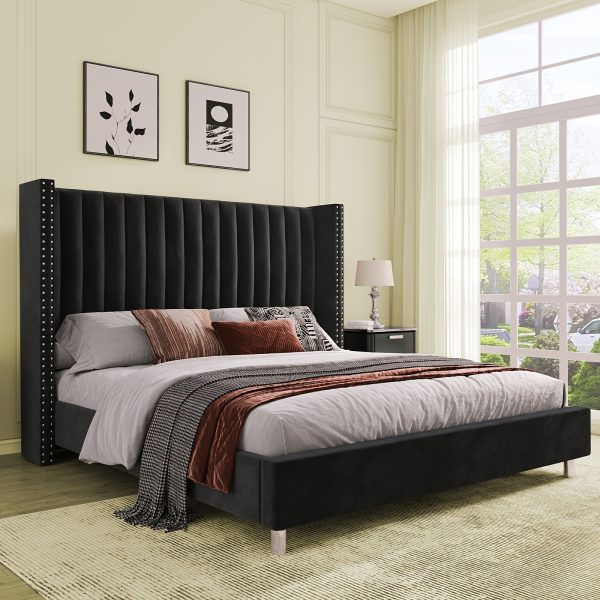 product-fancy-b026bddb-3821-4af6-a9b7-d51014bf7c45 PaPaJet Bed Frame with Vertical Channel Upholstered Tufted Velvet Wingback Headboard, Platform Bed, No Box Spring Needed, Easy Assembly