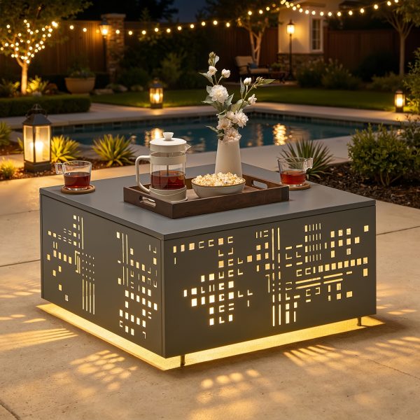 product-fancy-b0564381-e2fb-4d1b-9692-e30fefcfb734 Only One Outdoor Metal Coffee Table with Lights And An Umbrella Pole Hole, Black Or Gray Two Table Color Options, A Coffee Table Suitable for Pairing with Outdoor Patio Furniture, Easy to Assemble