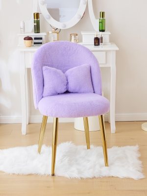 Girls Vanity Chair with Backrest, Small Lounge Chair Without Wheels, Comfy Chair with Bow Cushions, Makeup Chair with Adjustable Golden Legs, Comfortable Chair for Bedroom, Living Room, Small Space