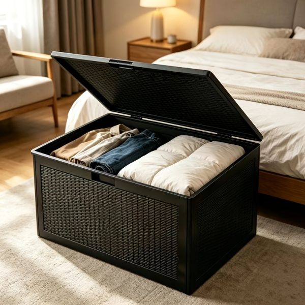 Black Storage Box with Lid, Sturdy Large Storage Container for Bedroom Clothing Pillow Organizing, Multipurpose Household Storage Trunk Organization Essential Space Saver Storage Bin