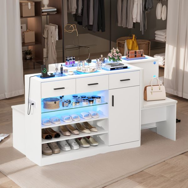 product-fancy-b112e28b-ac56-455d-ab66-629cbd7707c9 Wardrobe Armoire Closet with Charging & LED Light, Walk-in Closet Island Dresser with Glass Showcase, 4 Drawers & Doors, Modern Cabinet Organizer with Bench, Wardrobe Clothes Organizer with Closet Shelves (White)