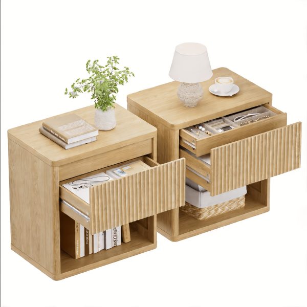 product-fancy-b1ad2095-898a-46f1-b414-9bdc1e4a91e4 Modern Space-Saving Nightstand with Hidden Drawers & Open Shelf - Curved Bedside Table Suitable for Small Bedrooms, Freestanding Assembly Required Bedside with Concealed Drawers and Open Shelves for Narrow Spaces