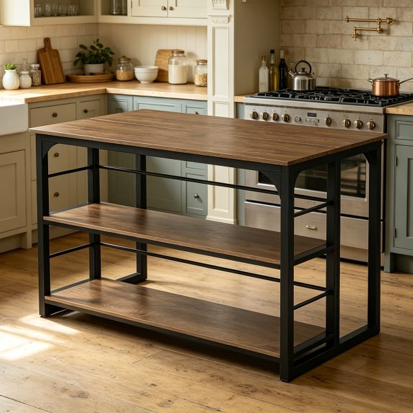 product-fancy-b1d5ec83-1080-44e9-812f-7fe8768b362a 62.99-Inch Kitchen Island with Storage, 3-Tier Solid Wood Island Table with Open Shelves, Large Prep Table for Kitchen Dining Room, Rustic Brown