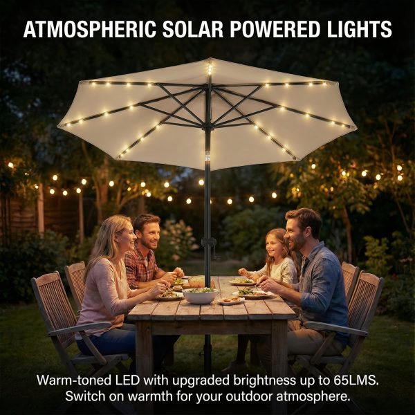 product-fancy-b1de6b8d-a148-4949-8b00-371c37afa708 Solar 9ft Market Umbrella with Base, Deluxe 32 LED Lighted Patio Umbrella, Patio Umbrellas Outdoor Table Umbrella with Ventilation, Solar Umbrella with Push Button Tilt/Crank for Garden, Deck, Backyard, And Pool