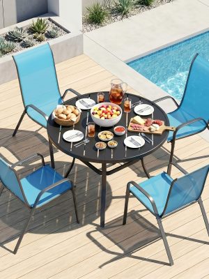 5pcs Patio Dining Set for 4, Outdoor Table And Chairs W/ 1.57"-1.9" Adjustable Umbrella Hole And Foot Pads, All Weather 42" Round Metal Table And Stackable Textilene Chair
