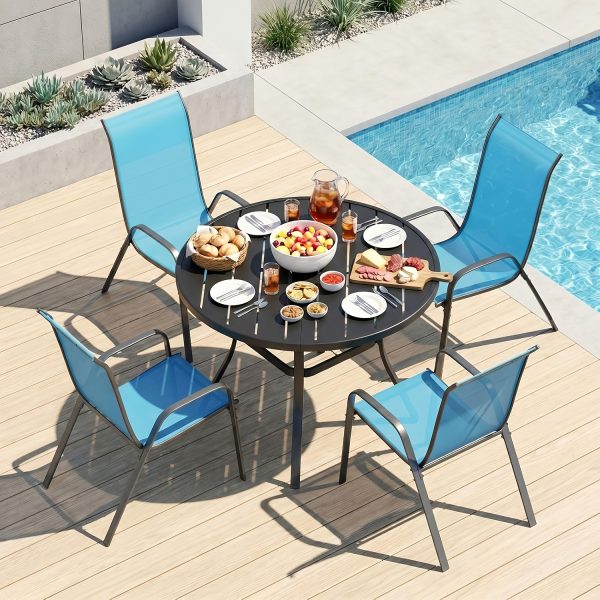 5pcs Patio Dining Set for 4, Outdoor Table And Chairs W/ 1.57"-1.9" Adjustable Umbrella Hole And Foot Pads, All Weather 42" Round Metal Table And Stackable Textilene Chair