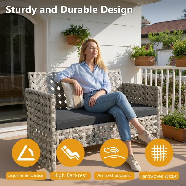 4pcs PE Rattan Bistro Patio Furniture Collection, Outdoor Sectional Featuring 2 Chairs, a Loveseat, And a Coffee Table, Compact Modern Porch Conversation Set for Backyard Garden, Premium Appearance