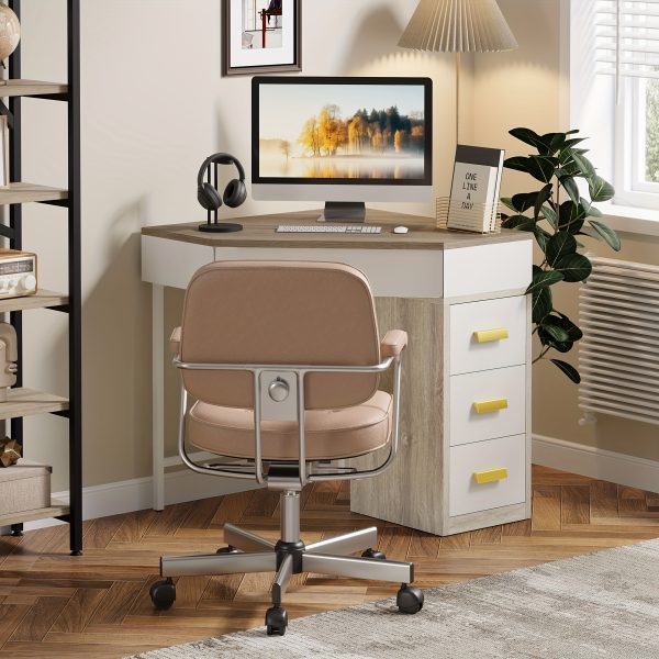 product-fancy-b3096db4-264d-4d7a-a417-06271d7d4b59 Triangle Corner Desk, Modern Computer Desk With 3 Drawers, 90-Degree Writing Desk PC Table Makeup Vanity Desk With Storage For Home Office, Living Room, Bedroom (White And Grey)