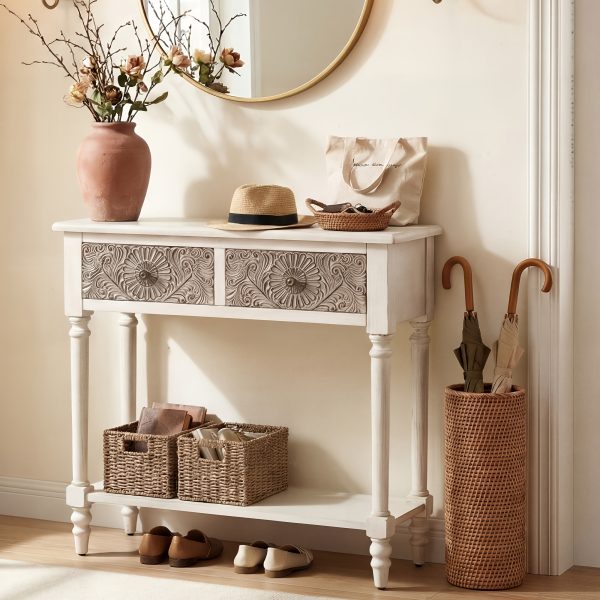product-fancy-b3289e2d-60b7-4ee0-b103-1ff8b87cf442 Carved MDF Console Table with 2 Drawers, Sunflower Vintage End Entryway Table for Hallway, Living Room - Antique Style Sofa Table with Floral Engraving, Rustic Accent Furniture