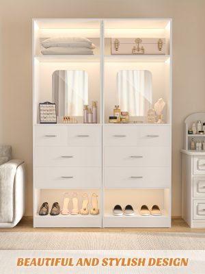 Unikito 25 Inch Closet System with 4 Drawers, 2FT Wood Closets Organizer with Storage Shelves And Mirror Design, Freestanding Sturdy Walk in Closet Tower for Bedroom, 25" W X 16" D X 80" H, White