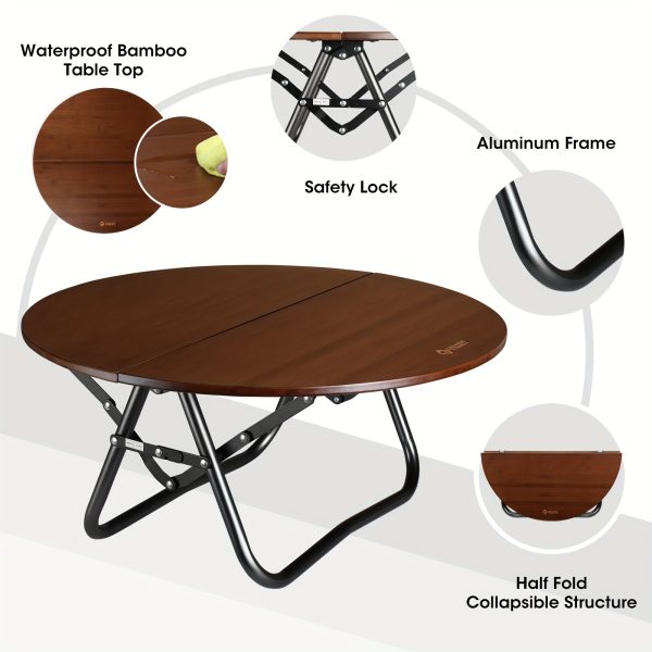 VILLEY Bamboo Round Folding Table, Camping Half-Fold Portable Table with Carrying Bag for Indoor And Outdoor Picnic Coffee Barbecue Beach Card Game
