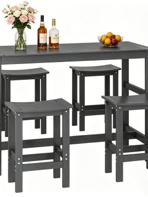 5pcs Outdoor Bar Table And 4-Chair Set, 55-Inch Rectangular High-Leg Bar Table with Stools, All-Weather Waterproof Patio Furniture, Easy to Assemble, Ideal for Patios, Balconies, Backyards, Porches, And Small Spaces