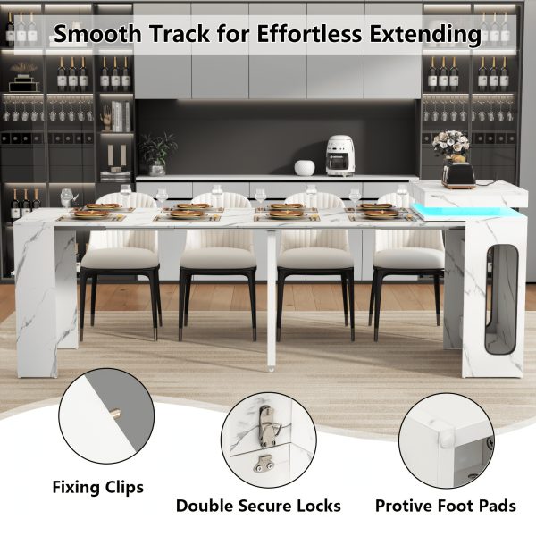 product-fancy-b440538d-e053-433c-a06a-11a23fed4a0b Extendable Dining Room Table with Charging Station & LED Lights, White Faux Marble Table, 19.7" to 98.4" Dining Table for 2-8, Modern Space Saving Kitchen Island Table, Rectangle Console Table for Living Room(No Chairs)