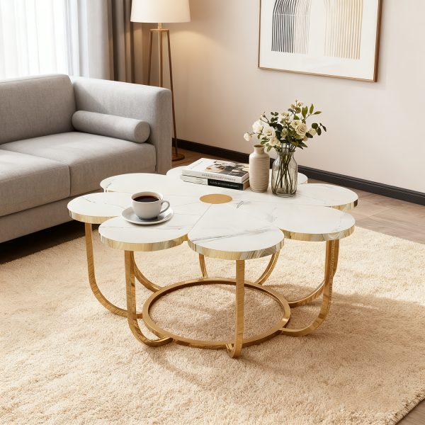 Modern Decorative Table in White And Golden, Shaped Like a Petal, for The Central Area of The Living Room