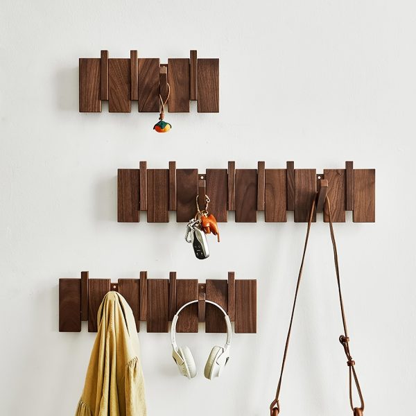 Modern Walnut Wooden, with 4/6/8/10/12 Hooks, Coat Rack, Hooks, Wall Mounted, Accordion, Entryway, Bedroom, Bathroom, Solid Wood, Smooth Polishing, Stable Adhere, Holds 22 Lbs, Floating Shelves