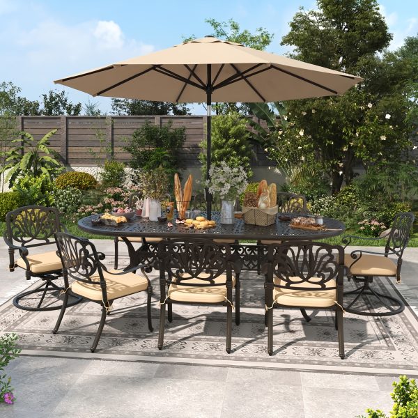 product-fancy-b4eea33e-697c-46c3-8e68-522dc99866d6 9pcs Cast Aluminum Patio Furniture, Outdoor Dining Sets for 8 Include 87" Oval Patio Dining Table And 8 Chairs with Cushions & Umbrella Hole (Bronze)