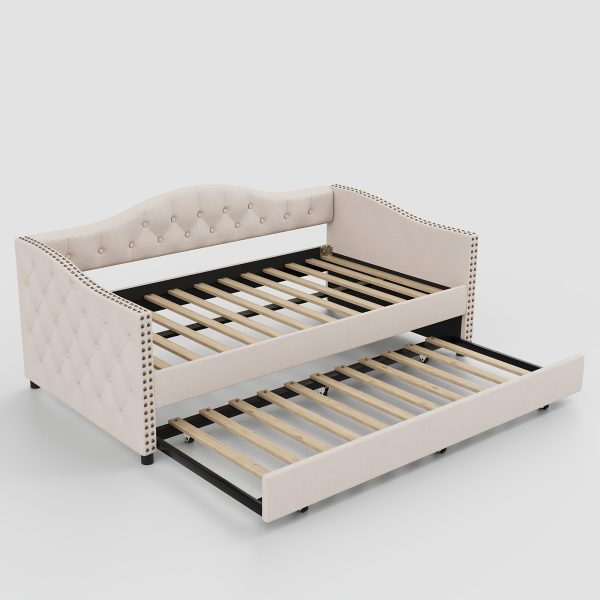 product-fancy-b5057c3a-6c3e-4380-81bc-db2db3111477 79.5" Tufted Linen Upholstered Daybed with Trundle Frame No Box Spring Needed for Living Room Bedroom