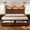 product-fancy-b52b29f0-578d-4b34-836b-0bf8d6cc2145 Farmhouse Bed Frame with Storage Headboard and Drawers, LED Light and Charging Outlet, Noise Free, No Box Spring Needed