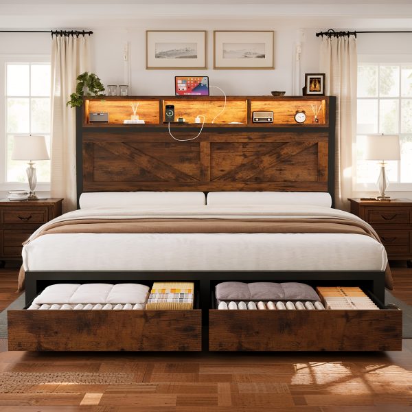 product-fancy-b52b29f0-578d-4b34-836b-0bf8d6cc2145 Farmhouse Bed Frame with Storage Headboard and Drawers, LED Light and Charging Outlet, Noise Free, No Box Spring Needed