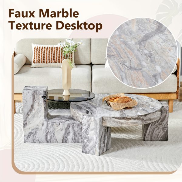product-fancy-b5990b7c-1186-4c4f-853e-f0a358858b0b MUUOKY Modern Round Nesting Coffee Table with Faux Marble Top & Glass Side Table - 24” Center Table Suitable for Living Room, 2-Tier Space-Saving, Easy Assembly, Luxury Apartment Furniture, Engineered Wood Base for Small Homes