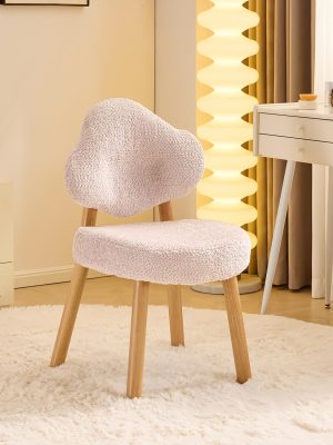 Bonnlo Cute Armless Vanity Chair | Modern Desk Chair With Wood Legs, Plush Chenille Velvet Cloud-Back Comfy Makeup Accent Chair For Bedroom Living Room Office