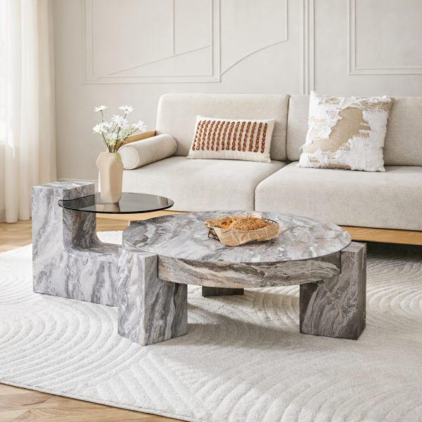 product-fancy-b60d47b4-4435-4cbb-ad44-562d2bd96b19 MUUOKY Modern Round Nesting Coffee Table with Faux Marble Top & Glass Side Table - 24” Center Table Suitable for Living Room, 2-Tier Space-Saving, Easy Assembly, Luxury Apartment Furniture, Engineered Wood Base for Small Homes