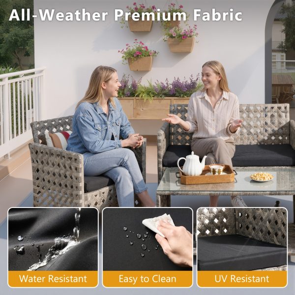 4pcs PE Rattan Bistro Patio Furniture Collection, Outdoor Sectional Featuring 2 Chairs, a Loveseat, And a Coffee Table, Compact Modern Porch Conversation Set for Backyard Garden, Premium Appearance