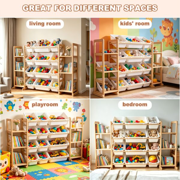 product-fancy-b63fb0f6-aea2-41eb-8c01-e43e927148e8 Storage Organizer with 6 Shelves And 12 Bins, 52.3 Inch Wide Kids Bookshelf And Organizer, Wooden Bookcase with Storage Bins for Playroom, Bedroom, Nursery And Room Decor