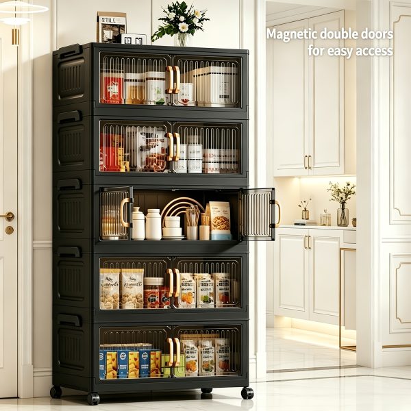 product-fancy-b68b1a23-2f4e-4510-8ea4-2ac59eb95b92 No Assembly 2/3/4/5 Tier Foldable Stackable Storage Cabinet, 44.29 Inch Large Capacity Modular Organizer Box with Lid, Rolling Wheels & Magnetic Double Door, Space Saving Portable Multi-Layer Storage Unit, Easy Setup Household Storage Container