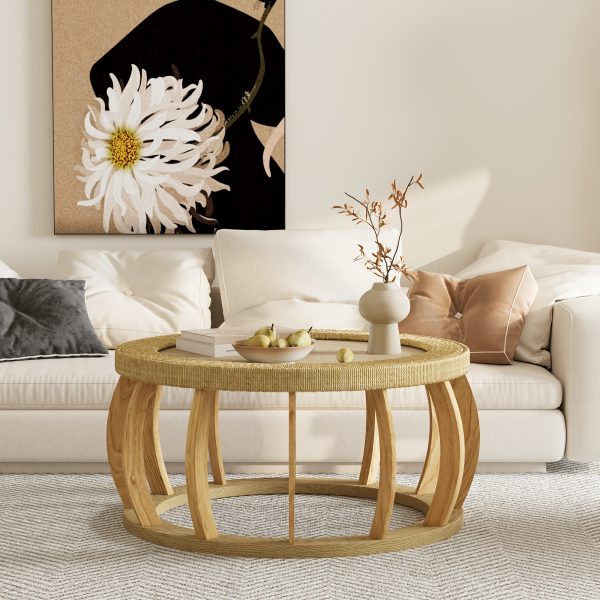 product-fancy-b6cb3a85-37a8-43a2-8571-de0d01c07ad9 35.43” Vintage Boho Round Coffee Table Suitable for Living Room, Solid Wood & Engineered Wood with Curved Legs, Space-Saving Low-Profile Center Table, Natural, Assembly for Bedroom, Apartment, Rustic Decor