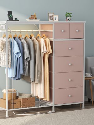 Dresser with LED Lights And Charging Station for Bedroom - 6-Drawer Fabric Storage Dresser with Hanging Rack, Sturdy Wooden Top, Stable Anti-Tip Design, Perfect for Modern Homes & Apartments