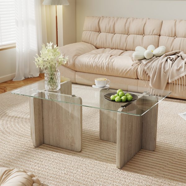 product-fancy-b7060a13-fd85-4954-98b0-fc6ceaf85b0a 39.4" Coffee Table Glass, Modern Minimalism Rectangle Center Table, Glass Top with Sturdy Wooden Base, Small Glass Wood Coffee Table for Home, Living Room, Apartment, Office, Easy Assembly
