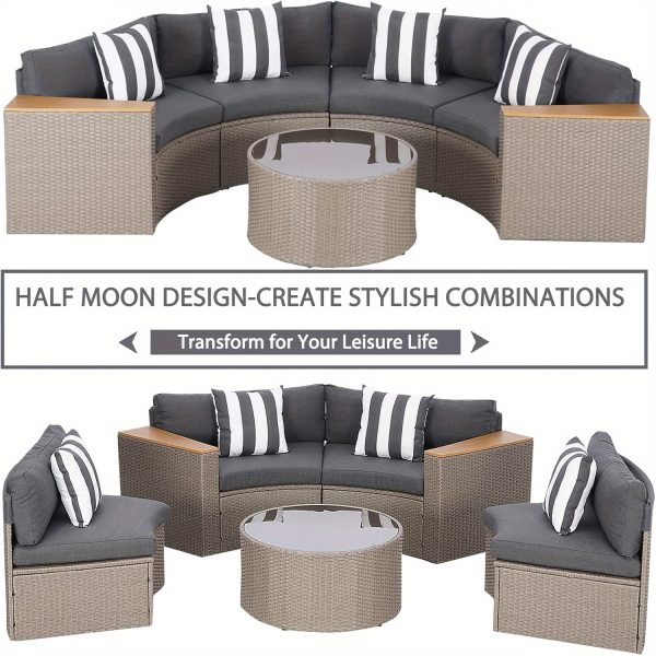 Outdoor Half Moon Patio Furniture 5pcs Curved Outdoor Sofa, All-Weather Outdoor Sectional Furniture Patio Conversation Sets with Round Tempered Glass Top Table with Cushion