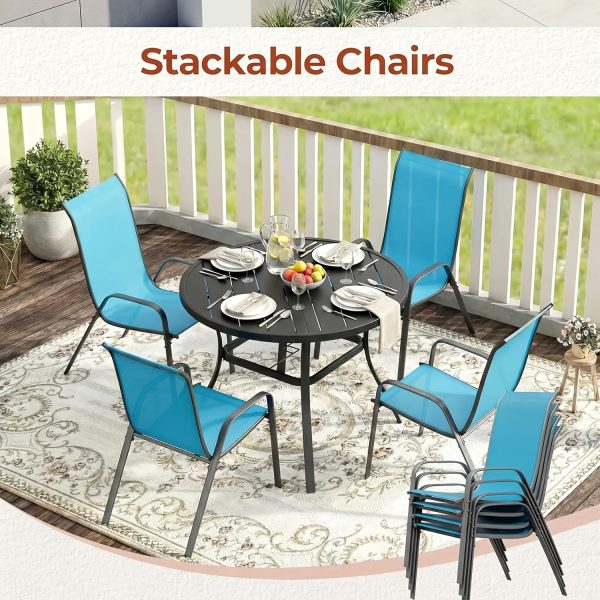 5pcs Patio Dining Set for 4, Outdoor Table And Chairs W/ 1.57"-1.9" Adjustable Umbrella Hole And Foot Pads, All Weather 42" Round Metal Table And Stackable Textilene Chair