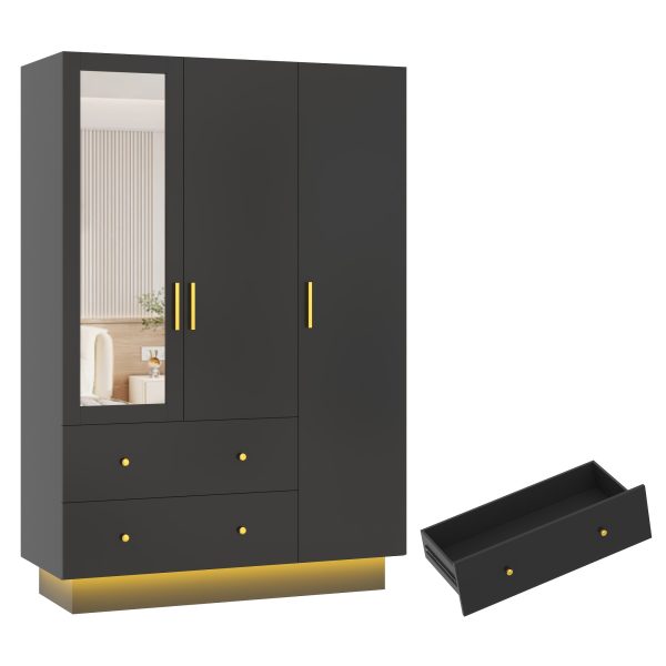 product-fancy-b7214b12-413c-44e1-99f1-7b841bb39049 3 Doors Armoire Wardrobe Closet with Mirror, LED Armoire with Doors And Drawers, Wooden Armoire Storage Cabinet with Hanging Rod, Adjustable Shelves
