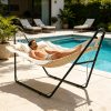 [Outdoor Camping] BABABA Heavy-Duty Iron Hammock with Stand - Large Outdoor Hanging Bed, 315x104x128cm Gray Bed Frame & Black Poles, 440lb Weight Capacity, Double-Layer Quilted Canvas Suitable for,, Balcony, Camping