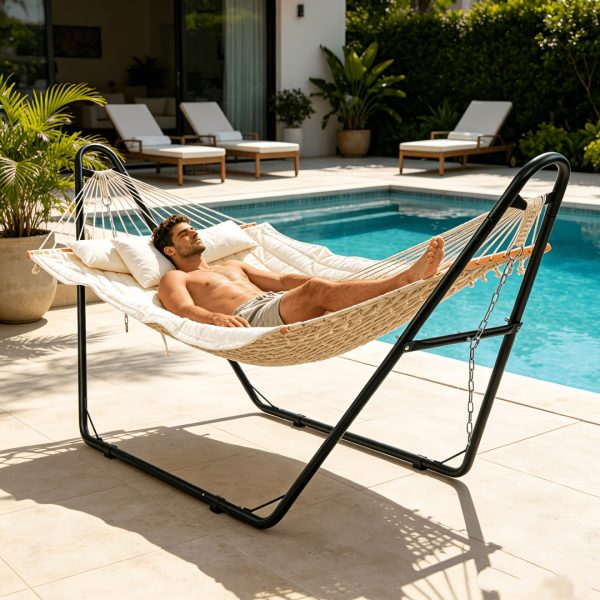 [Outdoor Camping] BABABA Heavy-Duty Iron Hammock with Stand - Large Outdoor Hanging Bed, 315x104x128cm Gray Bed Frame & Black Poles, 440lb Weight Capacity, Double-Layer Quilted Canvas Suitable for,, Balcony, Camping