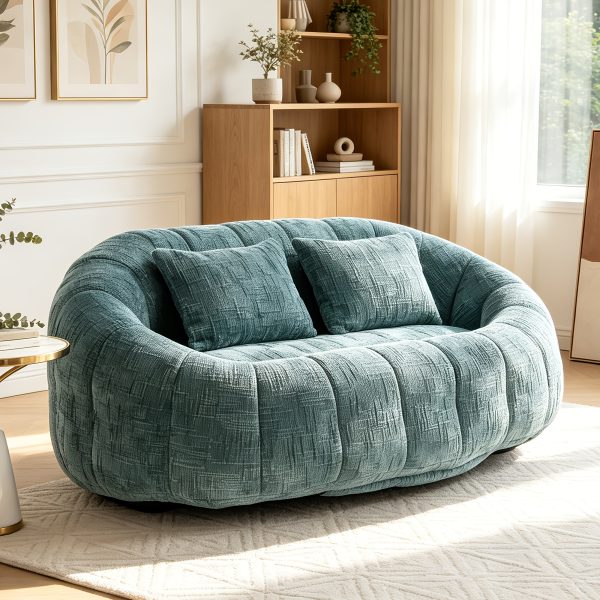 Oval Padded 2-Seat Beanbag Chairs, Upholstered Bean Bag Couch with 2 Pillows And Wrap-Around Backrest, Gaming Loveseat Sofa, Chenille Fabric Lazy Floor Beanbag Chair