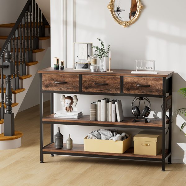 product-fancy-b7ae4b75-25cb-4a92-ad8b-55d311b112a4 3-Tier Console Table with Charging Station (2 AC Outlets + 2 USB Ports) - Hardwood Entryway Sofa Table with 3 Breathable Fabric Drawers & Open Shelves, Adjustable Feet, Modern Rustic Design for Narrow Spaces, Living Room, Hallway