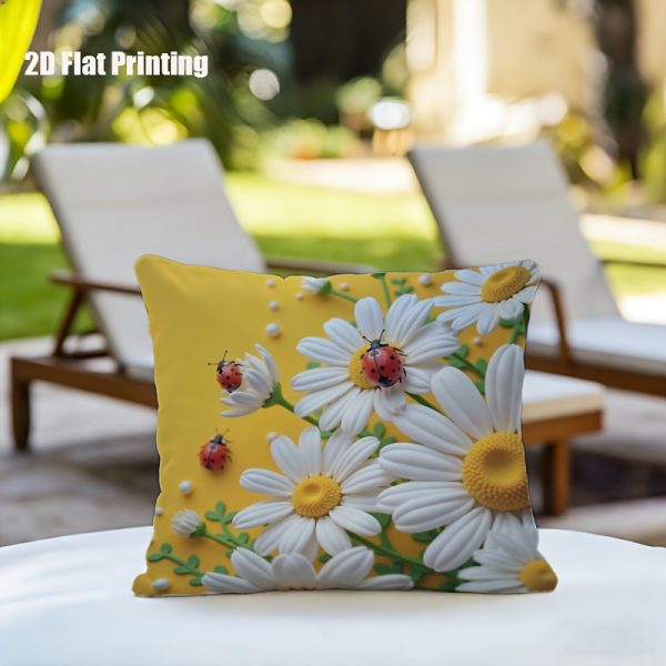 product-fancy-b7e8b6a0-9221-4740-8f9f-9b2f65f341ab 2D Flat,Terrace Cushion Cover,1pc 18X18 Inches Quare Pillow Cover, Ladybugs Rest on Daisies.,Decoration, Gifts,Valentine Festival Gifts,Outdoor Indoor,Garden Decoration, 2D Flat